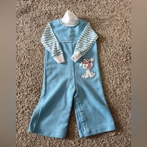 Vintage Retro Blue Bell Bottom Striped Baby Romper with Puppy Appliqué